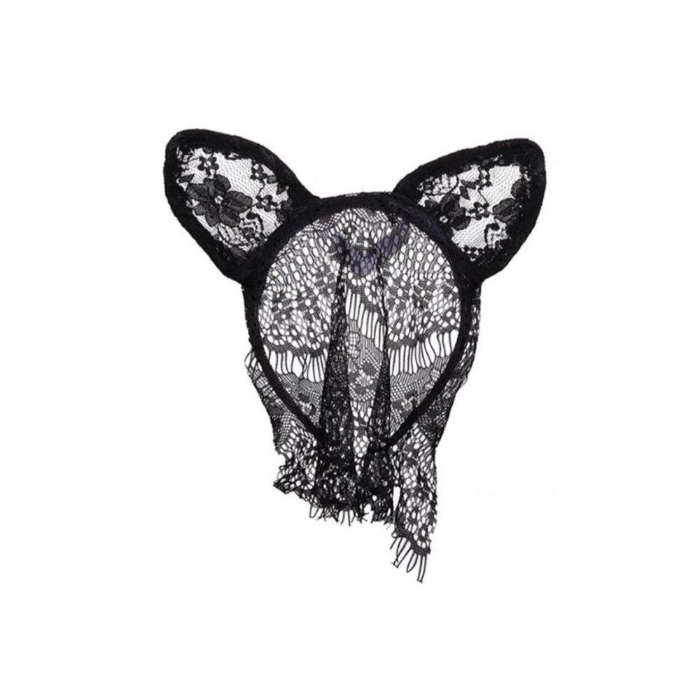 (現貨)黑色性感貓耳朵髮箍女蕾絲面罩遮臉網紗頭紗髮飾頭飾(長短款)-細節圖4