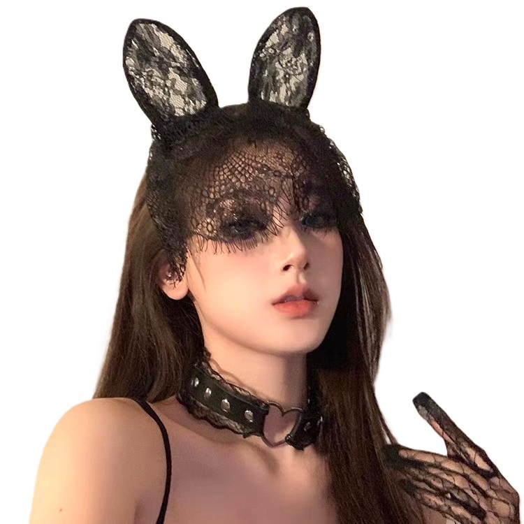 (現貨)黑色性感貓耳朵髮箍女蕾絲面罩遮臉網紗頭紗髮飾頭飾(長短款)-細節圖5