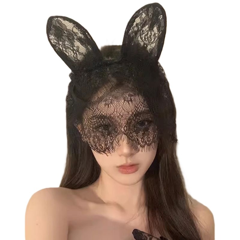 (現貨)黑色性感貓耳朵髮箍女蕾絲面罩遮臉網紗頭紗髮飾頭飾(長短款)-細節圖9
