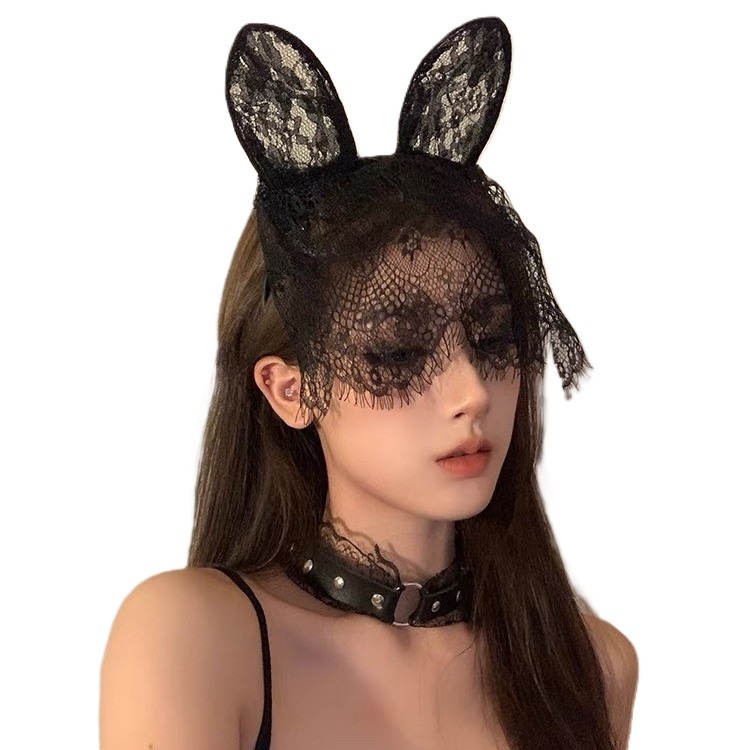 (現貨)黑色性感貓耳朵髮箍女蕾絲面罩遮臉網紗頭紗髮飾頭飾(長短款)-細節圖10