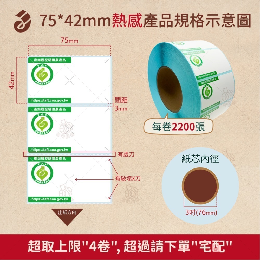 魯夫船長 【75*42mm，45*52mm 熱感-產銷履歷貼紙】 產銷履歷認證／農產品標章貼紙／產銷貼紙／台灣製-規格圖9
