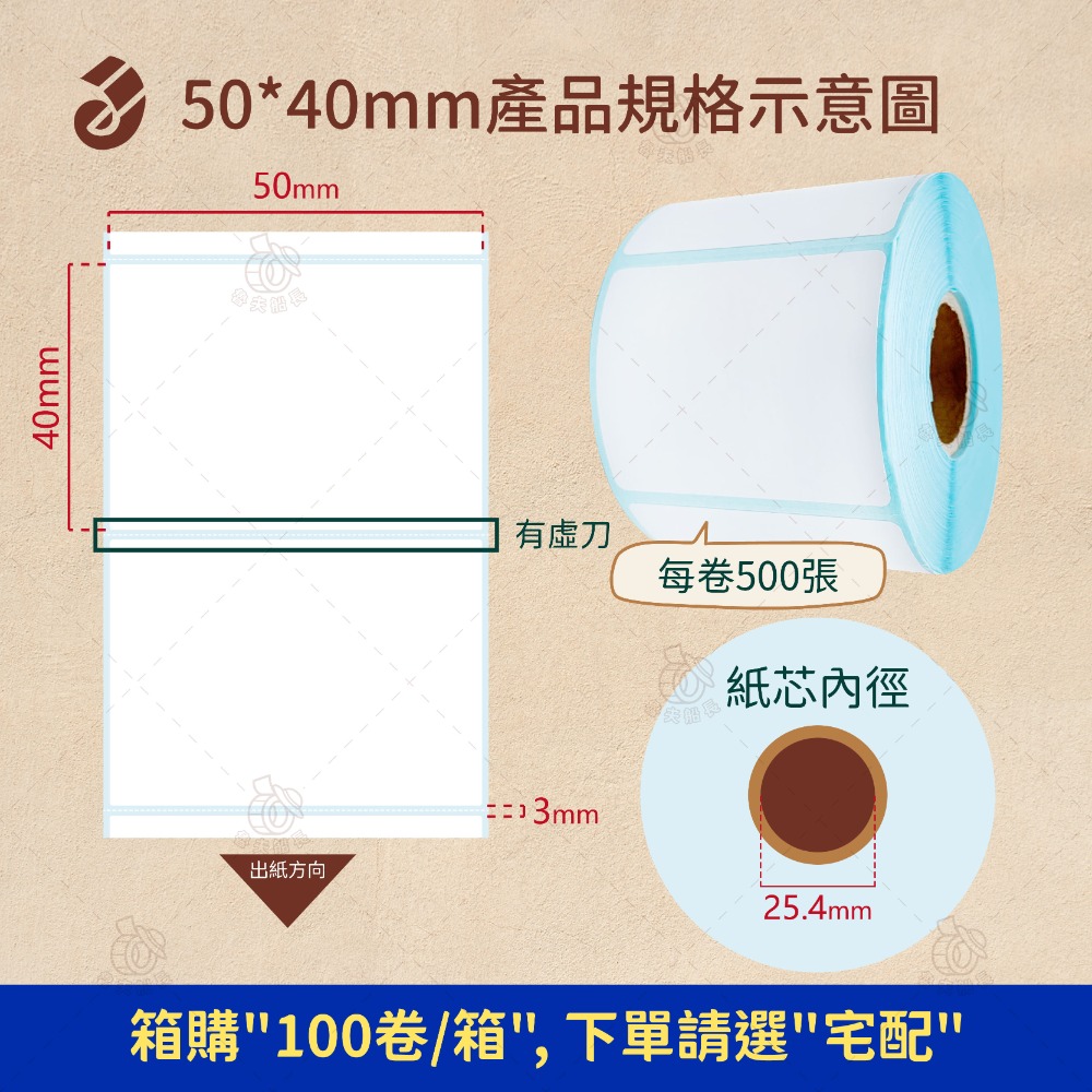 【一般款】50 x 40mm *500張／卷（100卷／箱）
