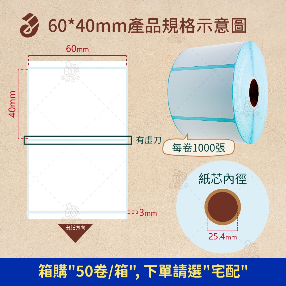 【一般款】60 x 40mm *1000張／卷（50卷／箱）