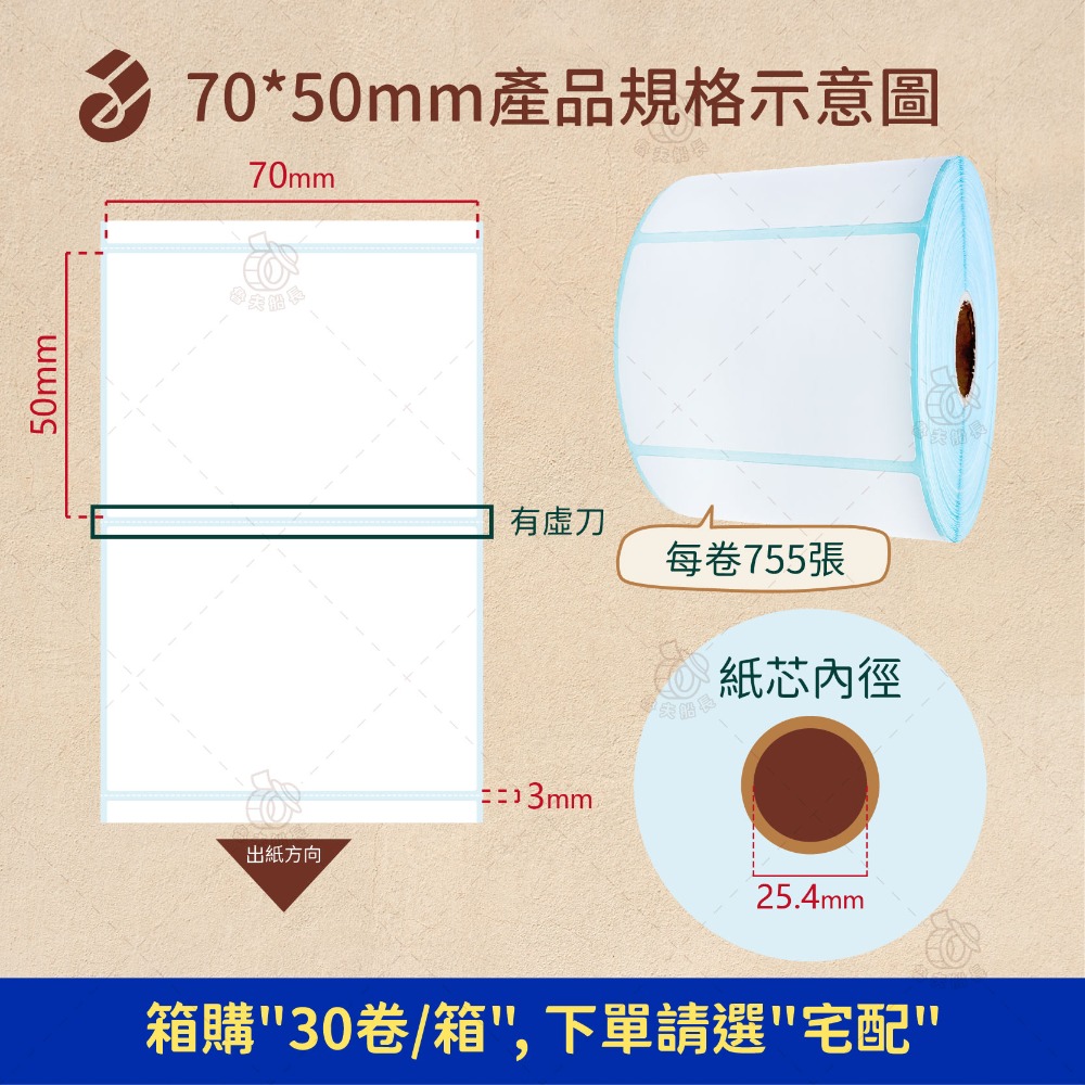 【一般款】70 x 50mm *755張／卷（30卷／箱）