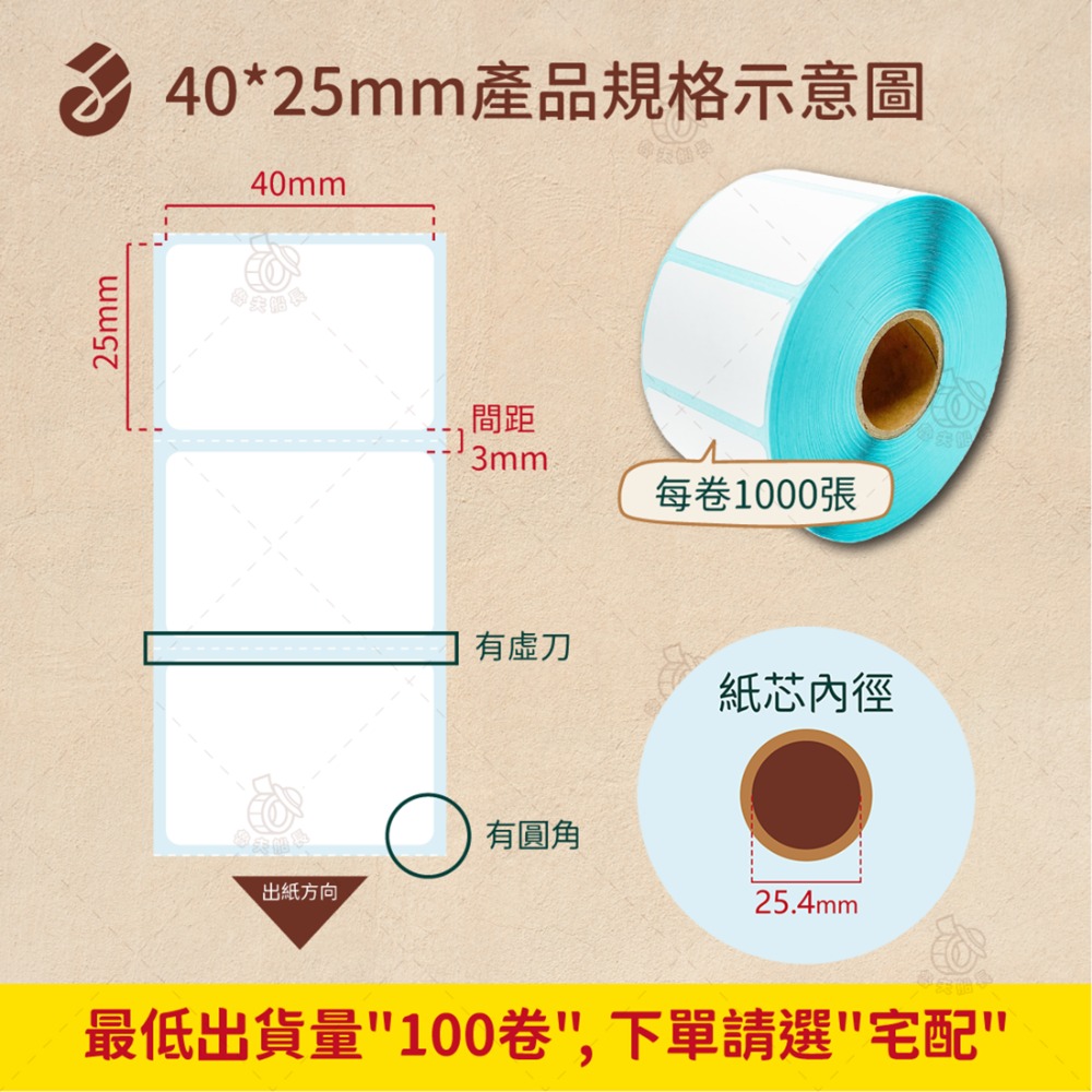 【經濟型】40 x 25mm *1000張／卷（100卷／箱）