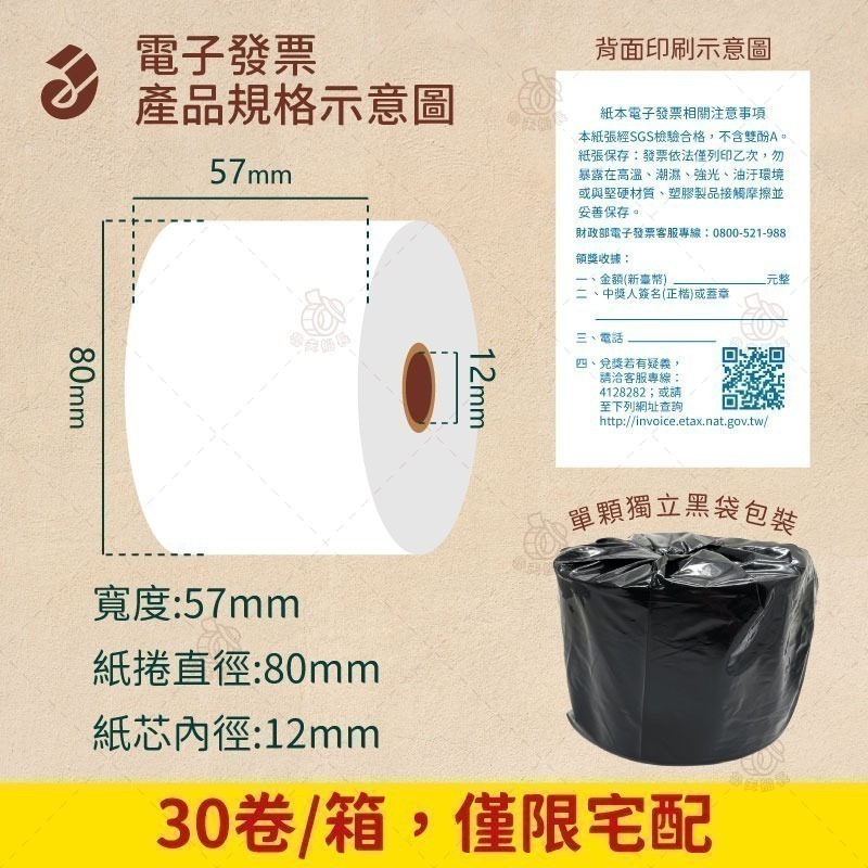 魯夫船長🌵箱購🌵 57*80*12mm財政部公版電子發票／熱感紙捲／感熱紙卷／發票紙／台灣製造-細節圖2
