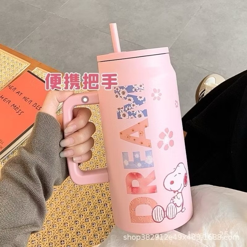 奶油商店｜台灣現貨🐈史努比保溫杯 304不銹鋼1.5L大容量新款大麥剋冰壩杯 帶手柄冰霸杯 保溫杯 高顏值-細節圖4