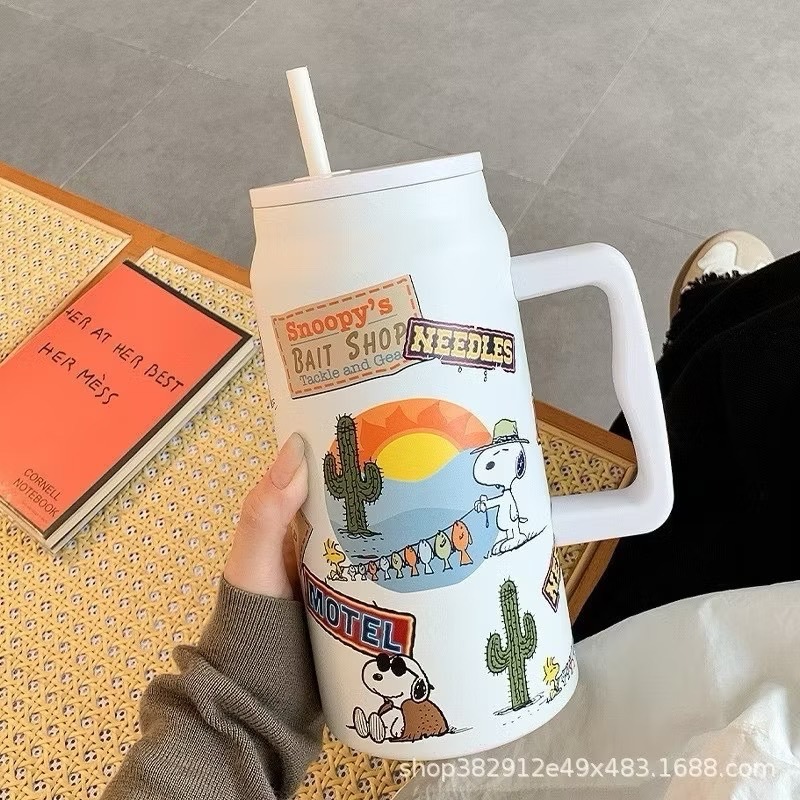 奶油商店｜台灣現貨🐈史努比保溫杯 304不銹鋼1.5L大容量新款大麥剋冰壩杯 帶手柄冰霸杯 保溫杯 高顏值-規格圖4