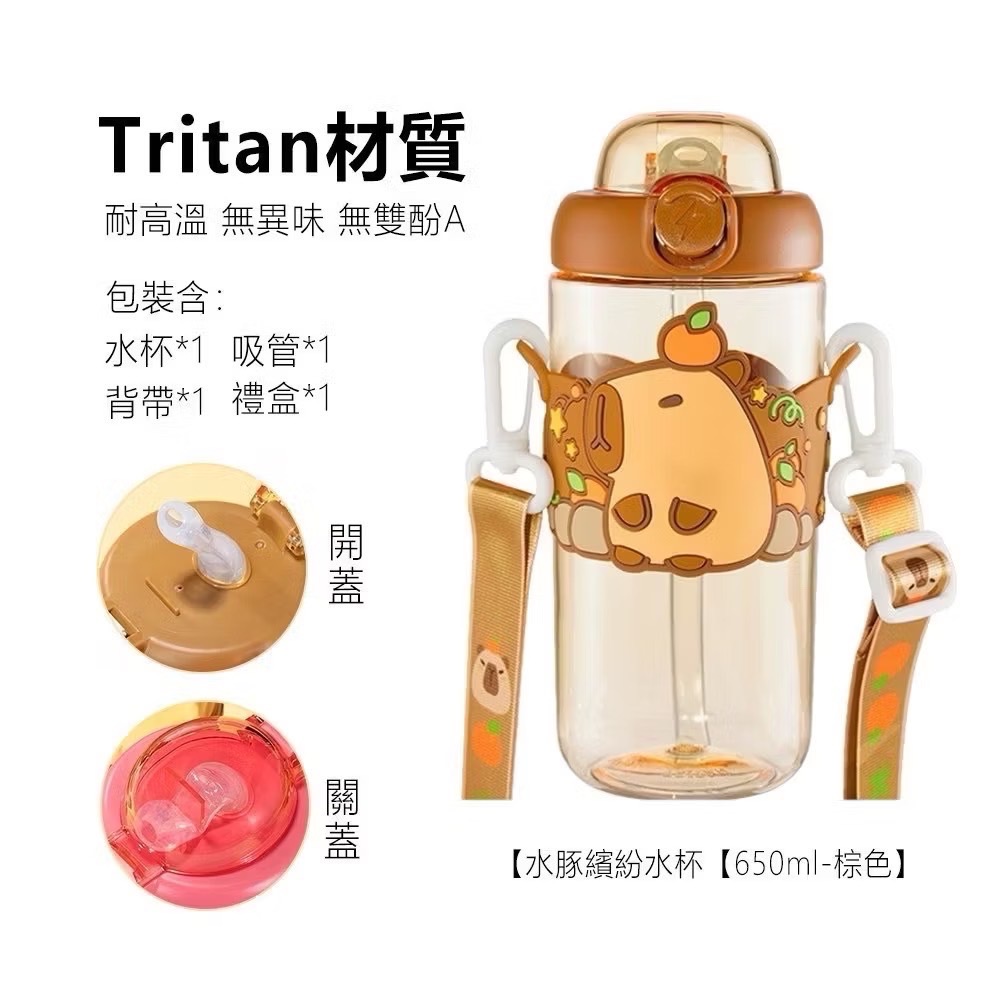 奶油商店｜台灣現貨🐈2024新品 卡皮巴拉水壺 水豚水壺 水豚君 Tritan水壺 兒童水壺 650ml-規格圖6