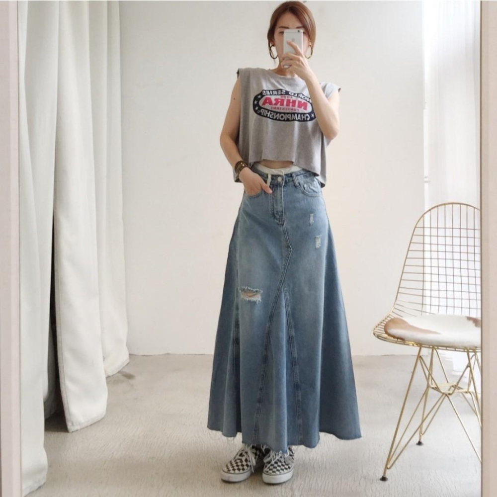 配色腰頭牛仔長裙#061904602409(S-XL)-細節圖2