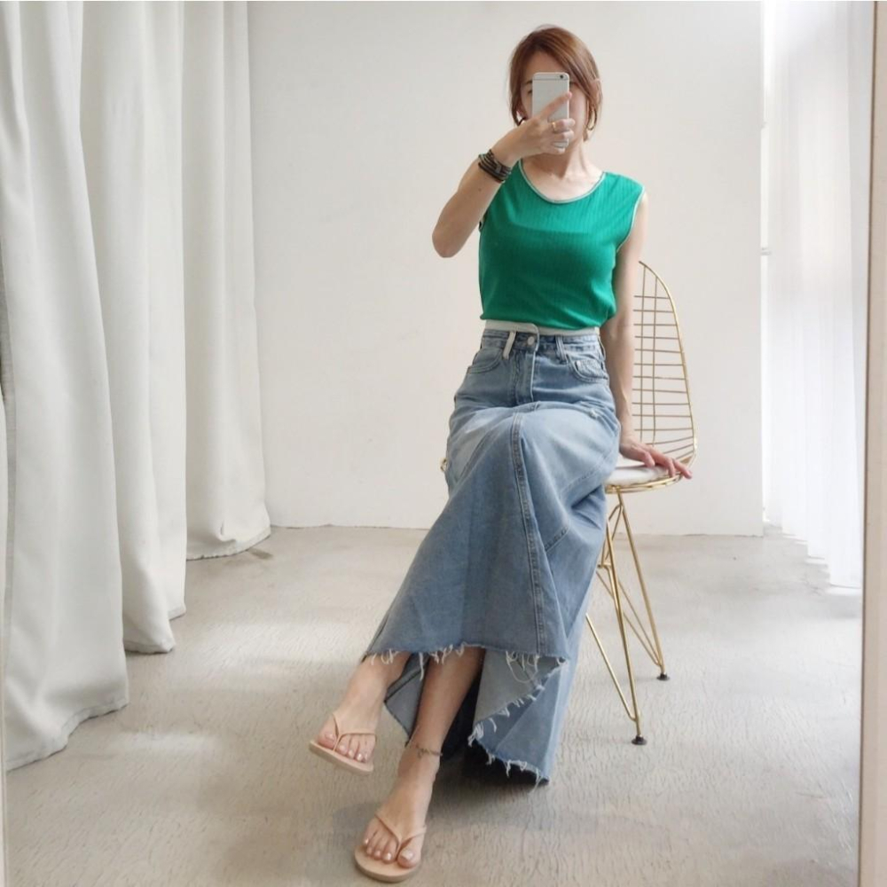 配色腰頭牛仔長裙#061904602409(S-XL)-細節圖5
