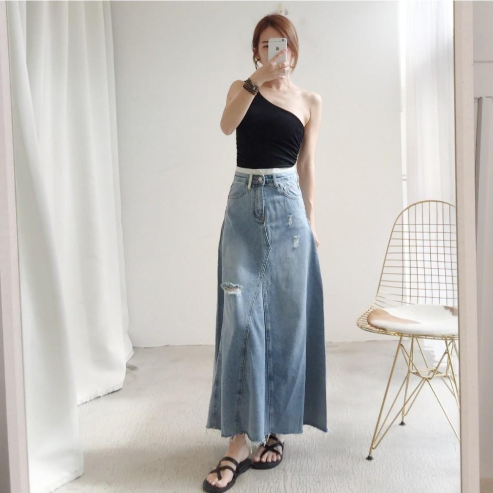 配色腰頭牛仔長裙#061904602409(S-XL)-細節圖6
