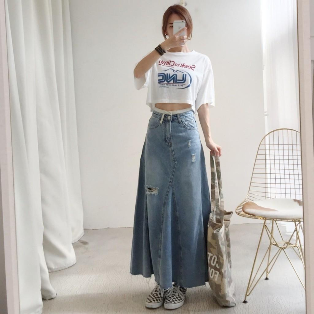 配色腰頭牛仔長裙#061904602409(S-XL)-細節圖7