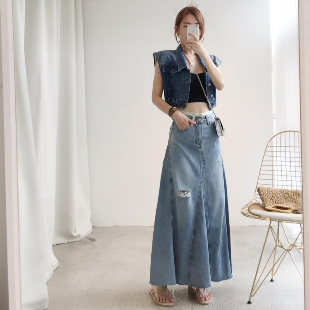 配色腰頭牛仔長裙#061904602409(S-XL)-細節圖8