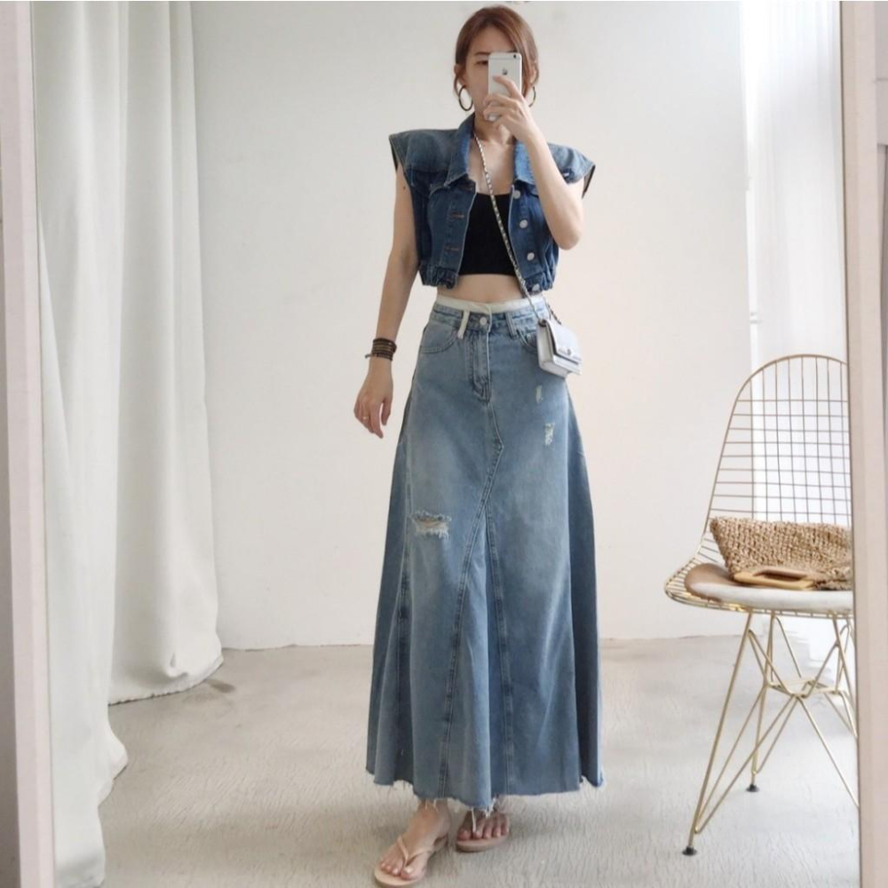 配色腰頭牛仔長裙#061904602409(S-XL)-細節圖9