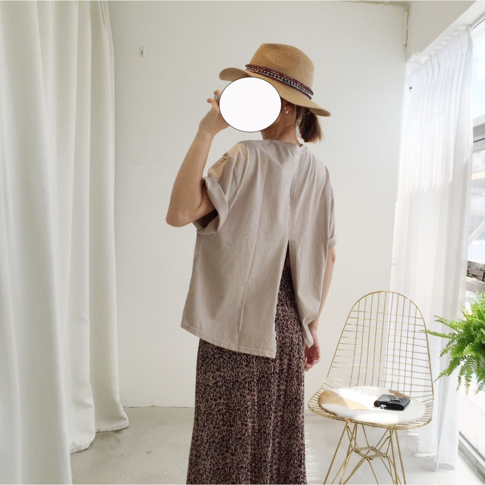 韓  三色後開岔圓領棉T#071504503307(黑白杏)-細節圖5