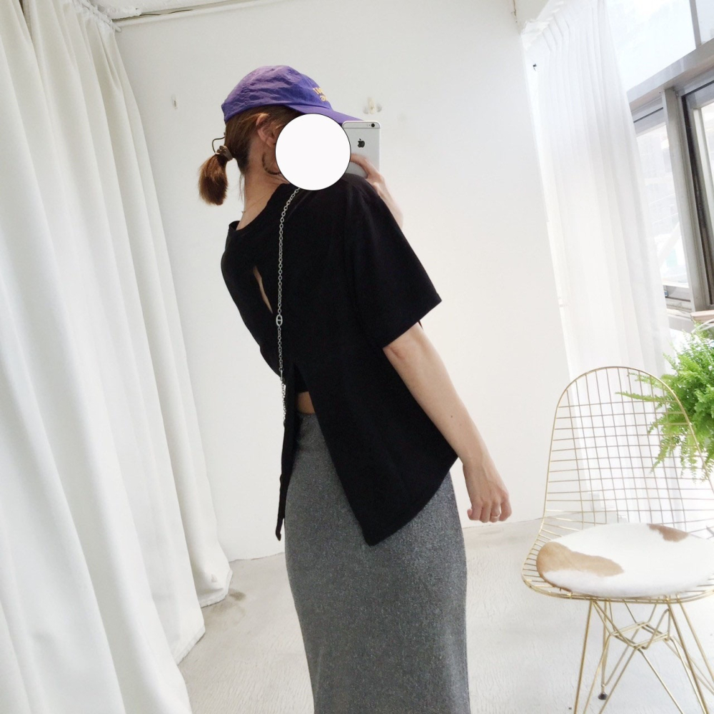 韓  三色後開岔圓領棉T#071504503307(黑白杏)-細節圖7