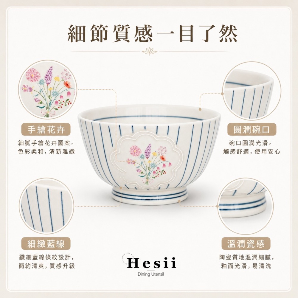日式陶瓷碗 5吋 6吋 7吋｜Hesii 日日好食 春和花紋碗 飯碗 湯碗 麵碗 丼飯碗 花卉餐具-細節圖3