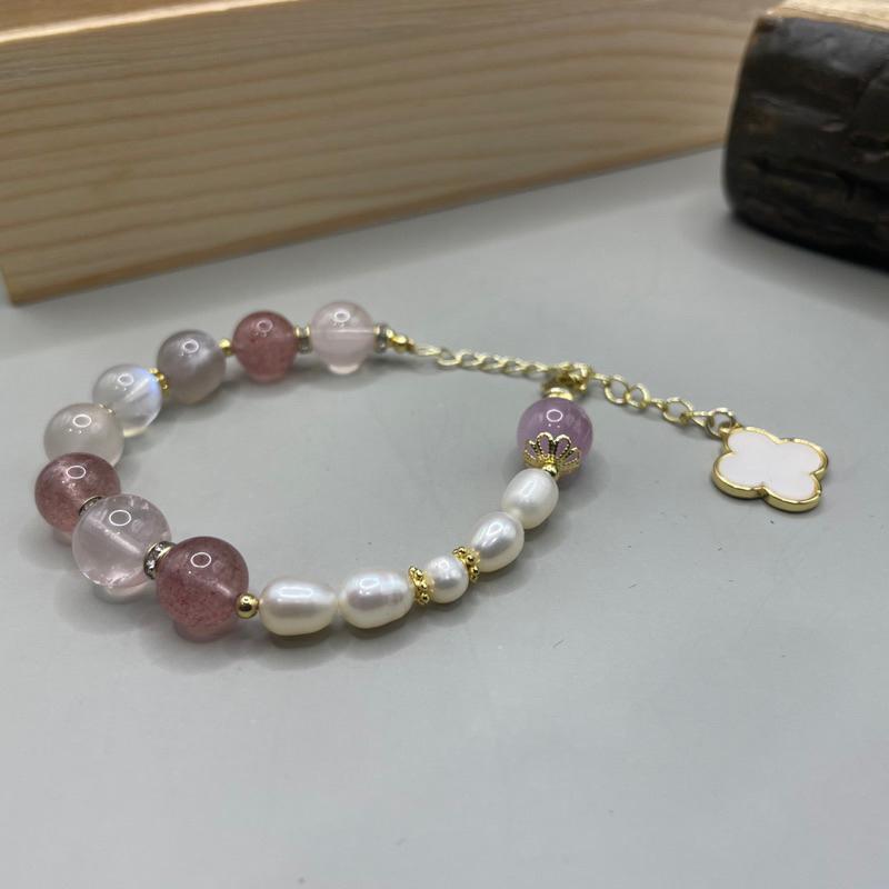 『胭脂』14K注金手鍊、粉晶.紅草莓晶.珍珠.紫鋰輝.設計款文創手作｜元元圓滾滾-細節圖3