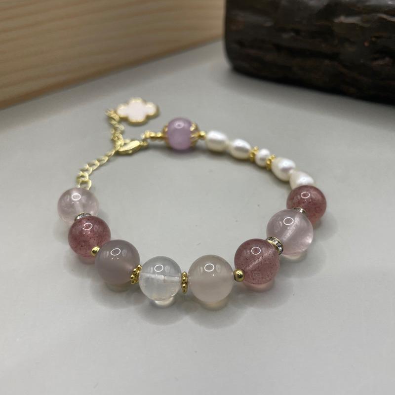 『胭脂』14K注金手鍊、粉晶.紅草莓晶.珍珠.紫鋰輝.設計款文創手作｜元元圓滾滾-細節圖4
