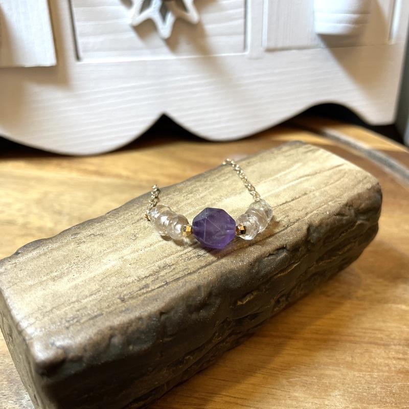 「紫藤花開」紫水晶 白水晶，天然水晶玉石手鍊，美國14k注金手鍊，設計款｜元元圓滾滾-細節圖2