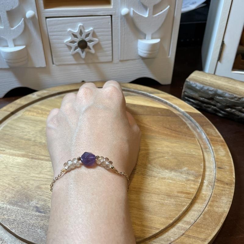 「紫藤花開」紫水晶 白水晶，天然水晶玉石手鍊，美國14k注金手鍊，設計款｜元元圓滾滾-細節圖4
