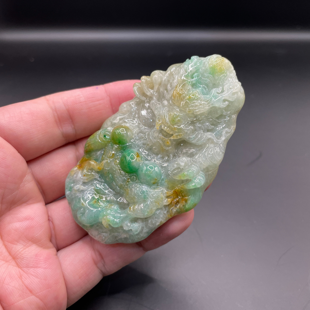 『瀚玉珠寶』翡翠龍牌.老三彩龍牌.種水好顏色搶眼.緬甸玉龍牌.福祿壽三彩-細節圖3