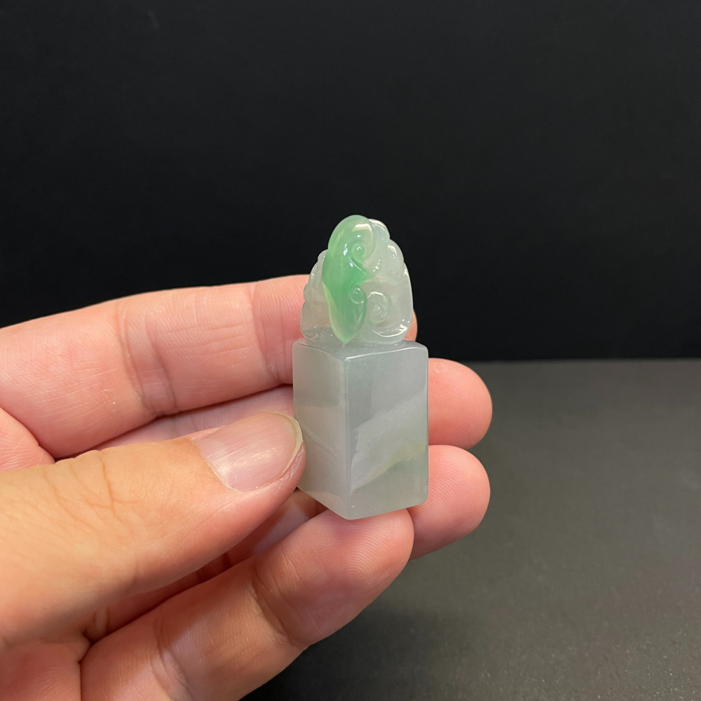 瀚玉珠寶 天然翡翠 冰種晴水綠龍印章 翡翠印章 方印 印紐 緬甸玉-細節圖3