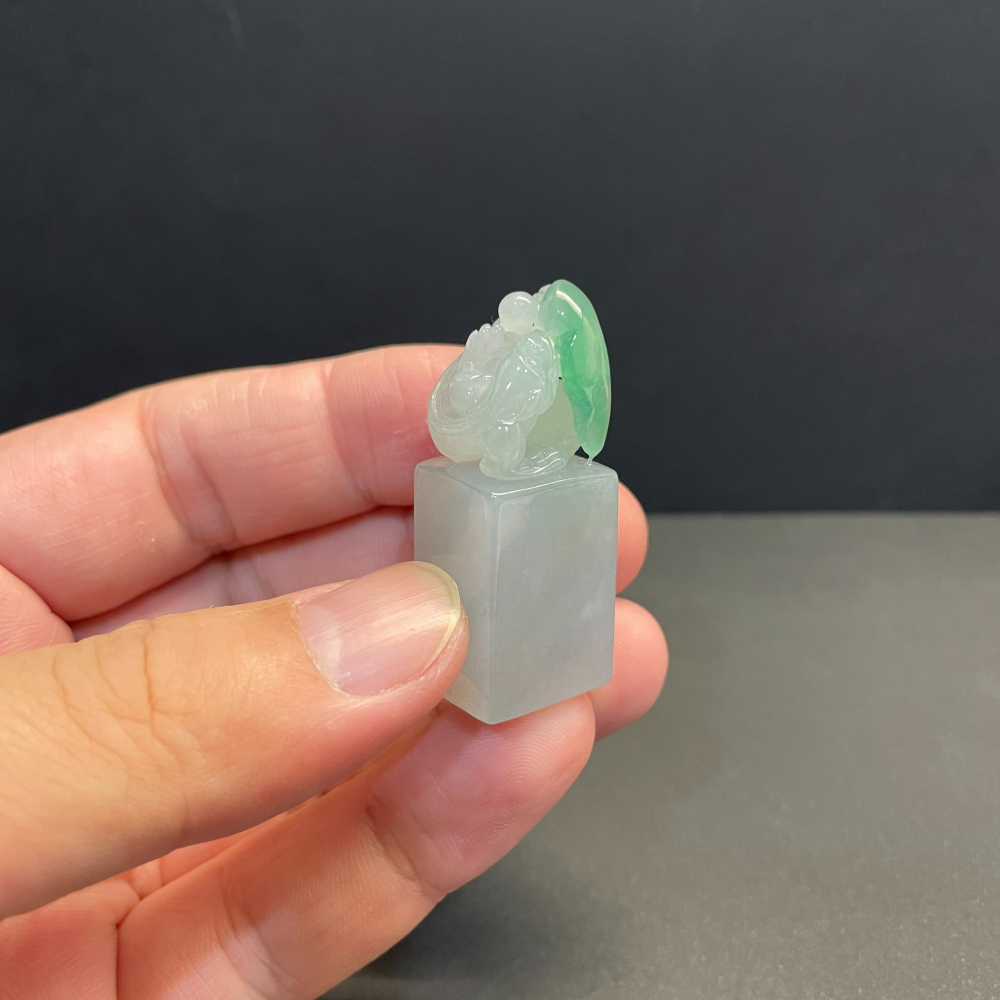 瀚玉珠寶 天然翡翠 冰種晴水綠龍印章 翡翠印章 方印 印紐 緬甸玉-細節圖4