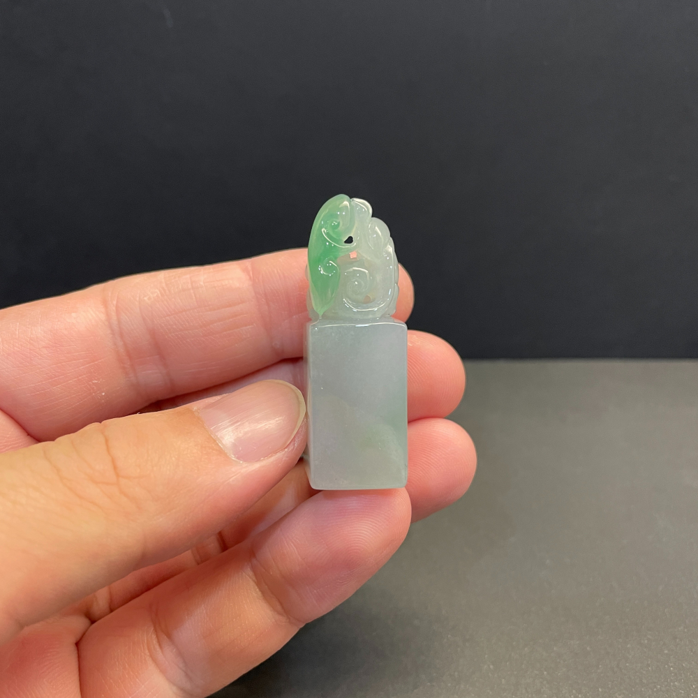 瀚玉珠寶 天然翡翠 冰種晴水綠龍印章 翡翠印章 方印 印紐 緬甸玉-細節圖6