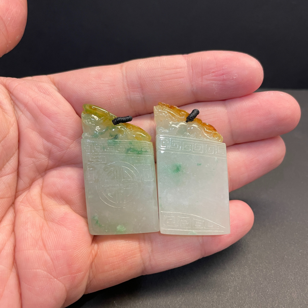 瀚玉珠寶 天然翡翠 冰三彩印章 對章 情侶對印 情侶翡翠牌 蜜糖黃 老三彩墜子 翡翠印章專賣-細節圖2