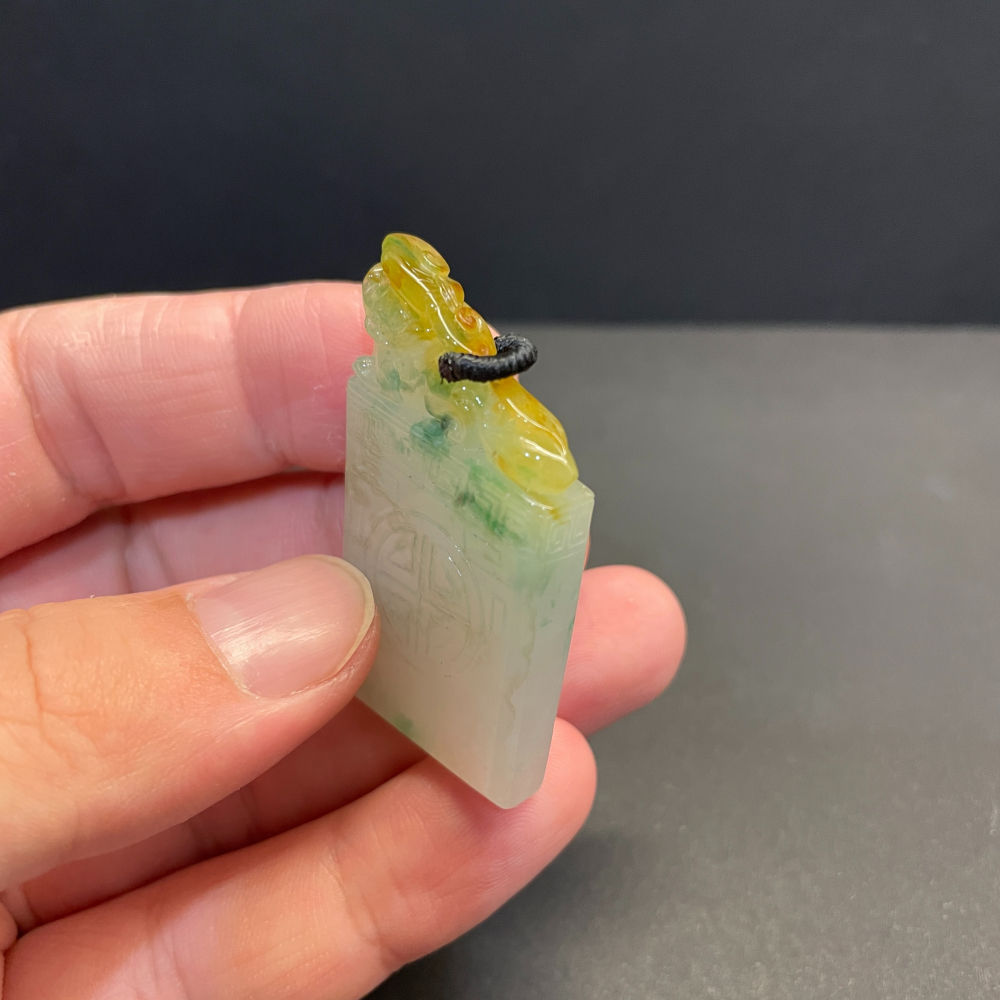 瀚玉珠寶 天然翡翠 冰三彩印章 對章 情侶對印 情侶翡翠牌 蜜糖黃 老三彩墜子 翡翠印章專賣-細節圖6