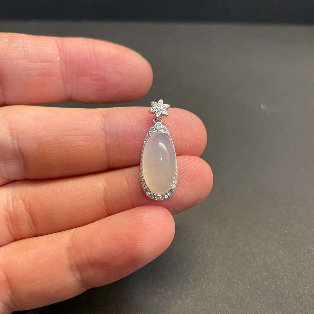 瀚玉珠寶 天然翡翠 白冰放光蛋面墜子  天然A貨翡翠蛋面 純銀-細節圖2