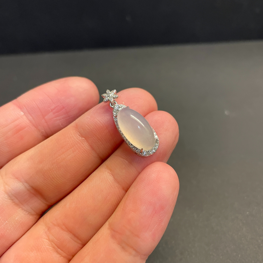 瀚玉珠寶 天然翡翠 白冰放光蛋面墜子  天然A貨翡翠蛋面 純銀-細節圖3