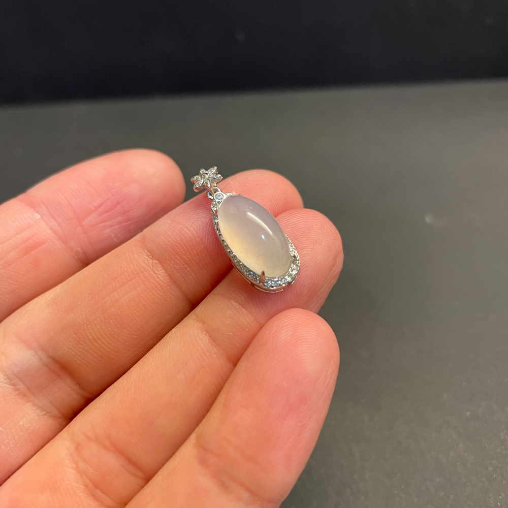 瀚玉珠寶 天然翡翠 白冰放光蛋面墜子  天然A貨翡翠蛋面 純銀-細節圖4