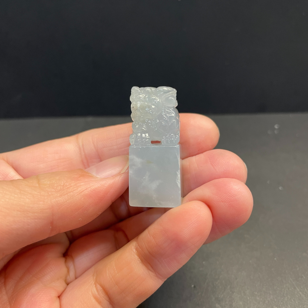 瀚玉珠寶 天然A貨翡翠印章 白冰貔貅方章 印紐 印章 緬甸玉印 貔貅印章 招財避邪 冰種翡翠 送禮好物-細節圖2