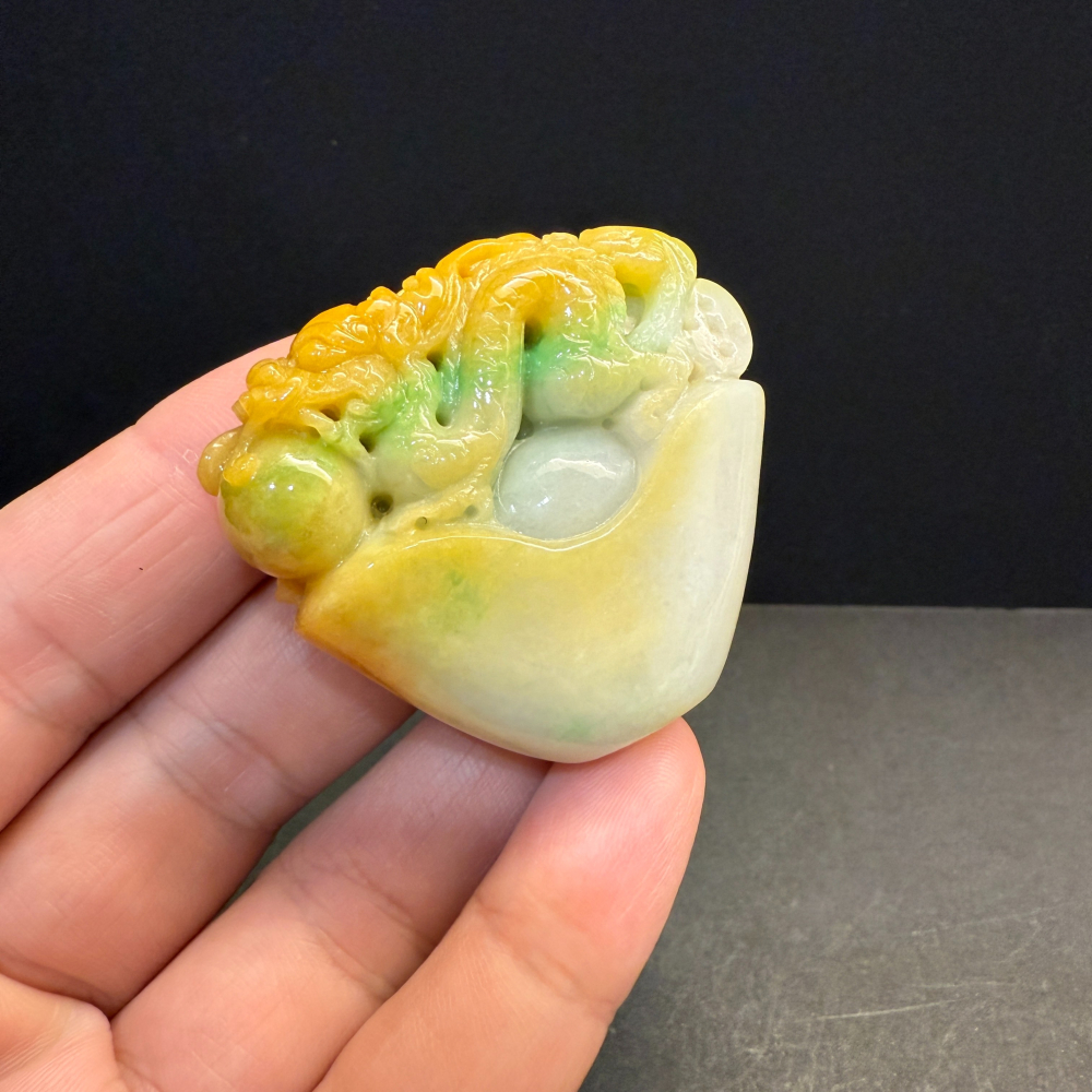 瀚玉珠寶 天然A貨翡翠 三彩龍咬珠元寶 緬甸玉小擺件 老三彩 招財進寶 龍-細節圖2