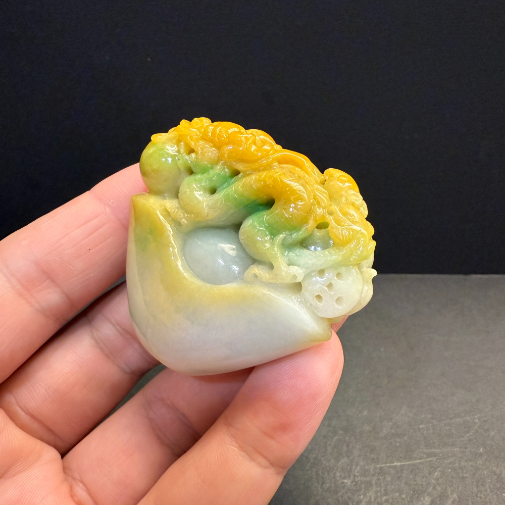 瀚玉珠寶 天然A貨翡翠 三彩龍咬珠元寶 緬甸玉小擺件 老三彩 招財進寶 龍-細節圖3