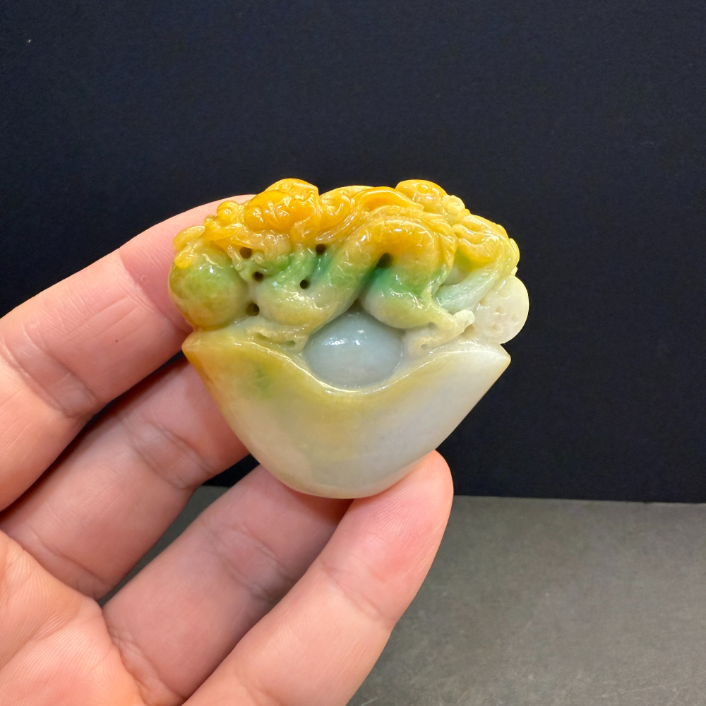 瀚玉珠寶 天然A貨翡翠 三彩龍咬珠元寶 緬甸玉小擺件 老三彩 招財進寶 龍-細節圖4