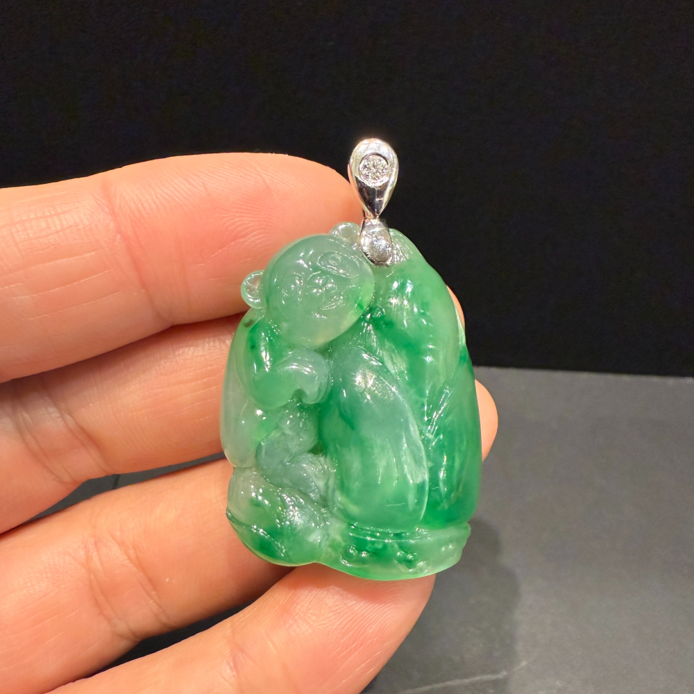 瀚玉珠寶 天然冰種緬甸翡翠 真鑽K金 熊熊抱竹節 節節高升 附上中國寶石鑑定證書-細節圖2