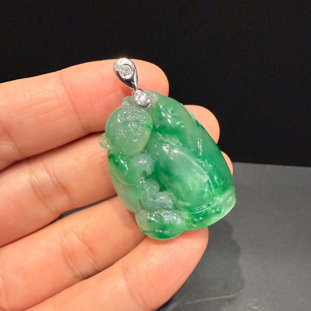 瀚玉珠寶 天然冰種緬甸翡翠 真鑽K金 熊熊抱竹節 節節高升 附上中國寶石鑑定證書-細節圖3