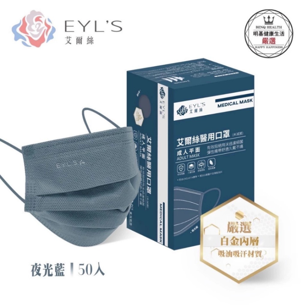 獨家 成人平面口罩 夜光藍 50入/盒