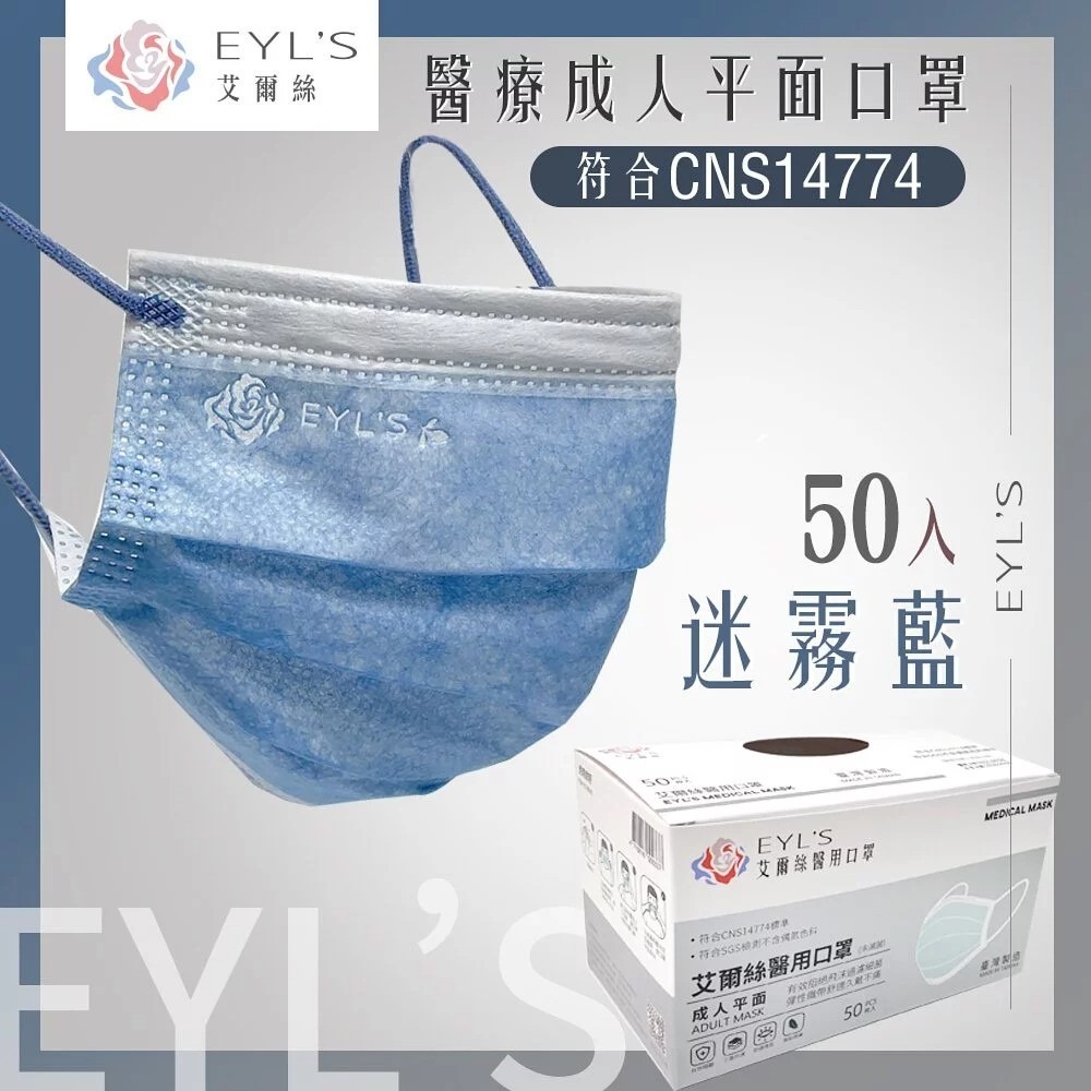 獨家 成人平面口罩 迷霧藍 50入/盒