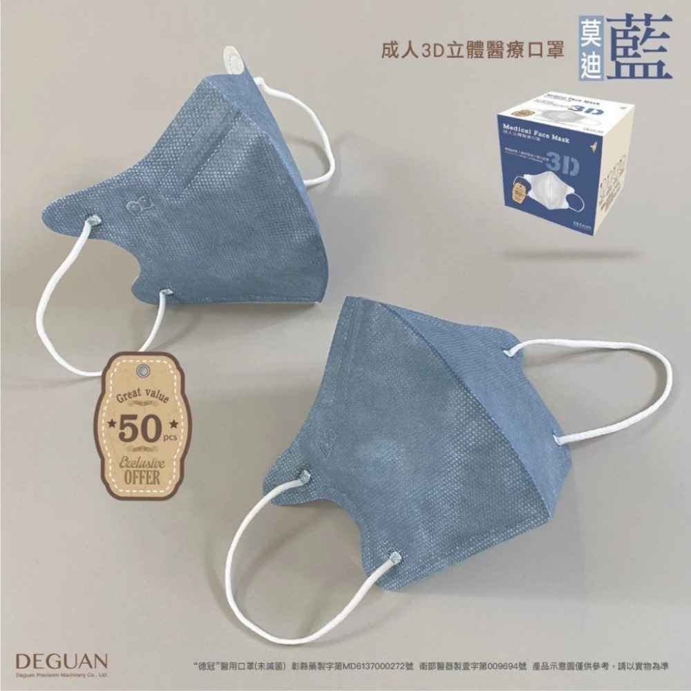 【德冠 3D立體口罩 一般成人/加大】50入 3D口罩 3D成人醫療口罩 加大口罩 大尺寸口罩 超薄口罩 親膚透氣-規格圖8