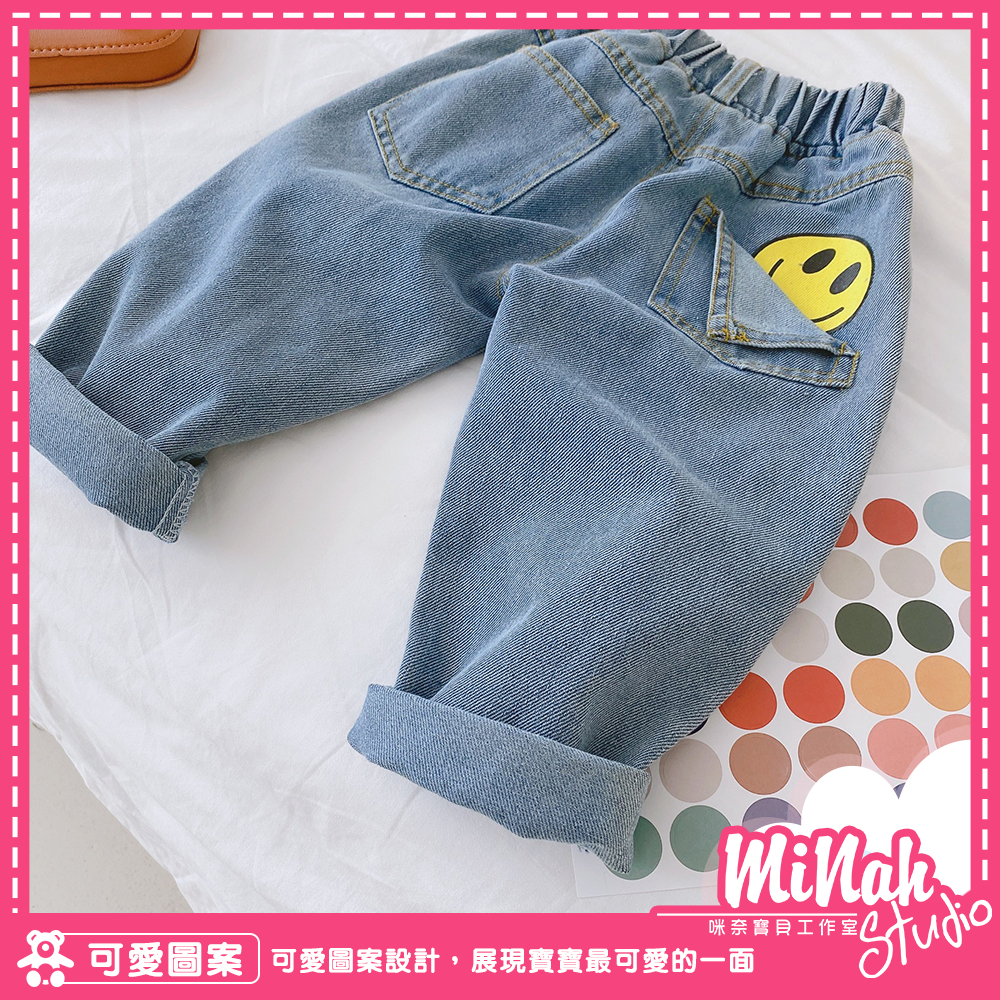 【現貨當日出貨✨】韓版小童 躲貓貓笑臉 牛仔褲 鬆緊帶 長褲 復古 帥氣 率性 ins-細節圖2