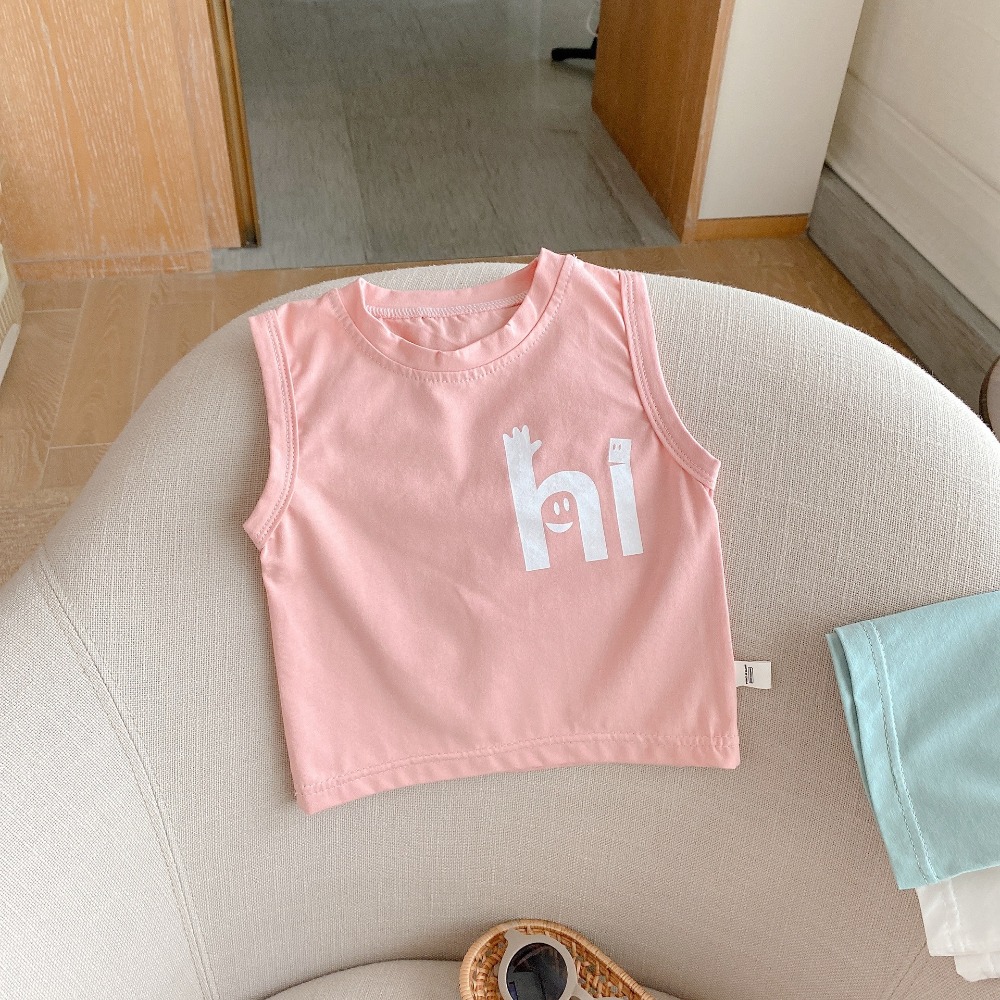 【現貨當日出貨✨】韓版小童衣服 say hi！馬卡龍無袖上衣 無袖  T恤 春夏裝 ins-細節圖6