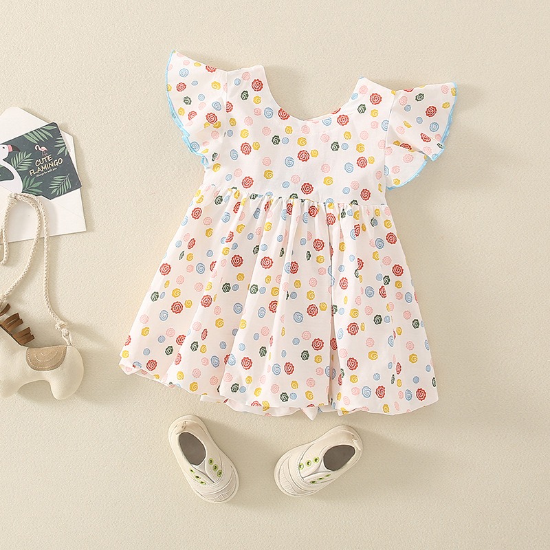 【現貨當日出貨✨】韓版小童衣服 彩色小花露背裙 附髮夾 洋裝 蓬蓬裙 蝴蝶結 公主風 春夏裝 ins-細節圖2