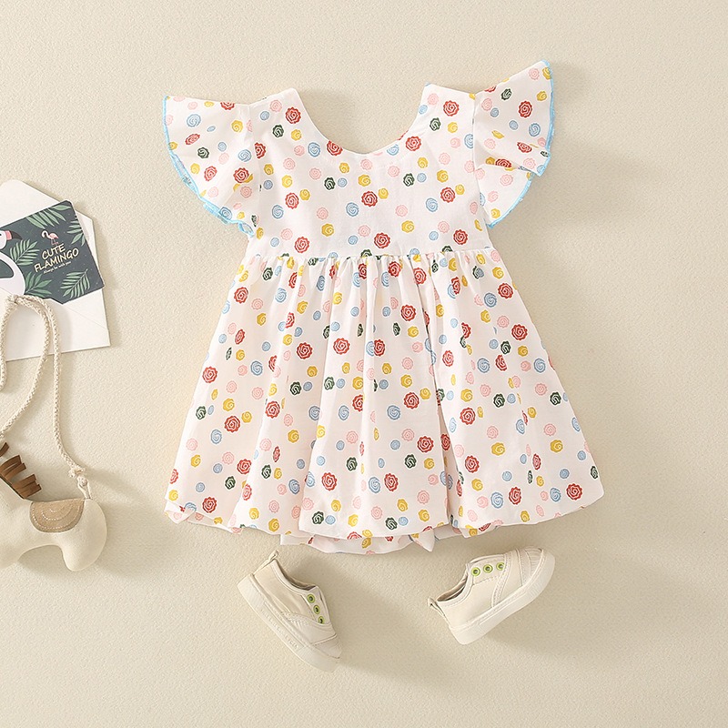 【現貨當日出貨✨】韓版小童衣服 彩色小花露背裙 附髮夾 洋裝 蓬蓬裙 蝴蝶結 公主風 春夏裝 ins-細節圖3