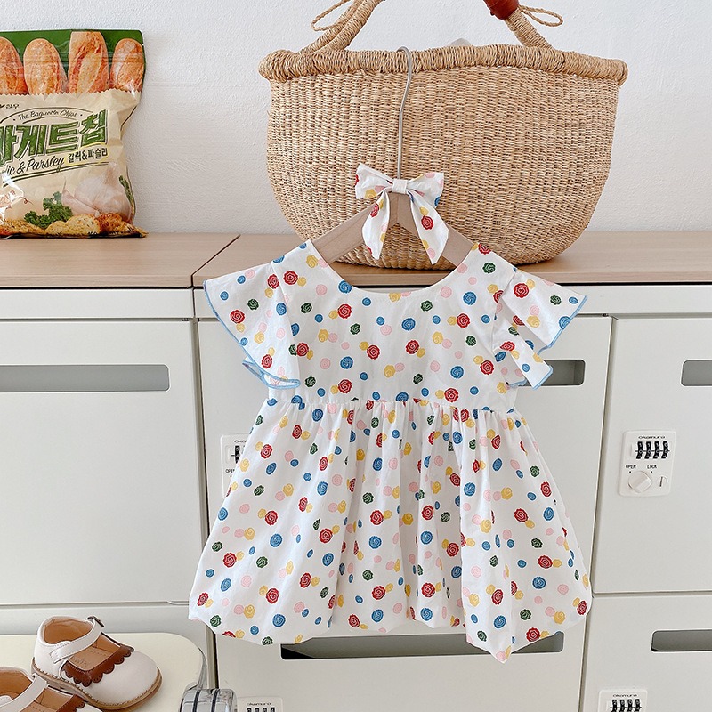 【現貨當日出貨✨】韓版小童衣服 彩色小花露背裙 附髮夾 洋裝 蓬蓬裙 蝴蝶結 公主風 春夏裝 ins-細節圖7