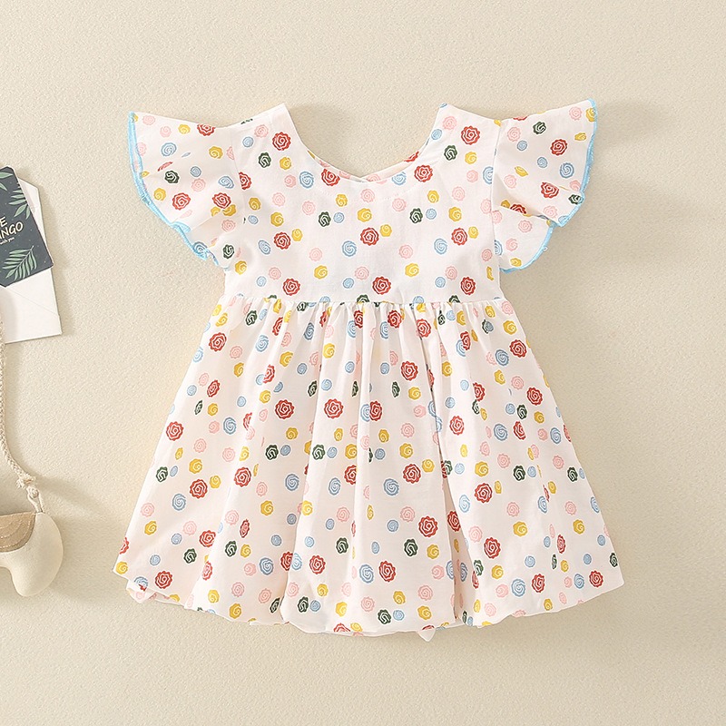 【現貨當日出貨✨】韓版小童衣服 彩色小花露背裙 附髮夾 洋裝 蓬蓬裙 蝴蝶結 公主風 春夏裝 ins-細節圖8